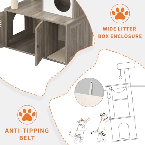 Cat Litter Box Enclosure with Cat Tree Tower, Sisal Scratching Post, Rustic Brown U730