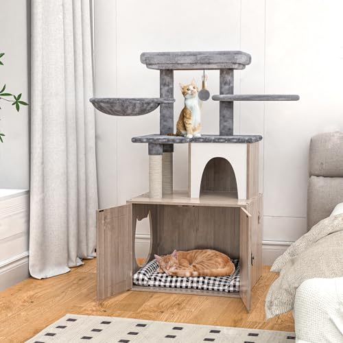 Litter Box Enclosure with Cat Tree and Scratching Post, Grey F704146