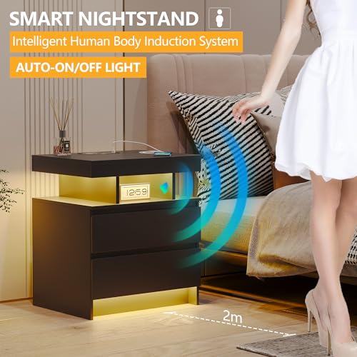 dnbss Nightstand with Wireless Charging Station, LED Lighting & Drawers, Black P995