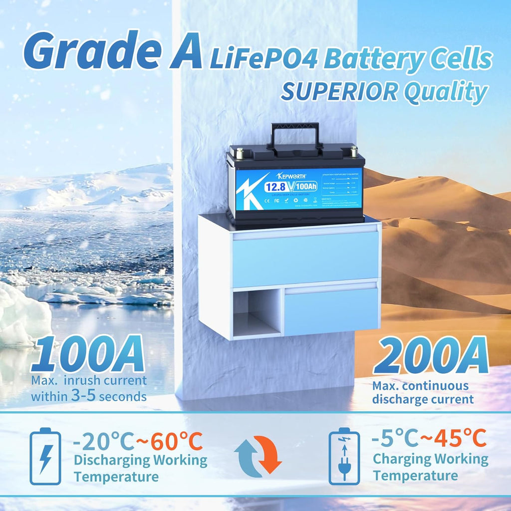 12V LiFePO4 Battery 100Ah with 100A BMS for RV, Marine, Solar E4980