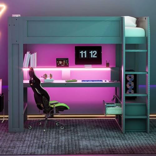Wood Twin Size Gaming Loft Bed with Desk and Charging Station, Dark Gray A9765