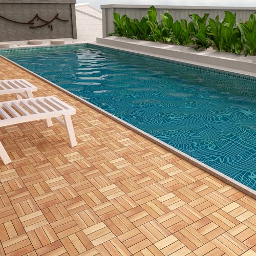 20 Pack Solid Acacia Wood Deck Tiles, Interlocking Outdoor Patio Flooring, 12"x12" Golden Teak Z91235