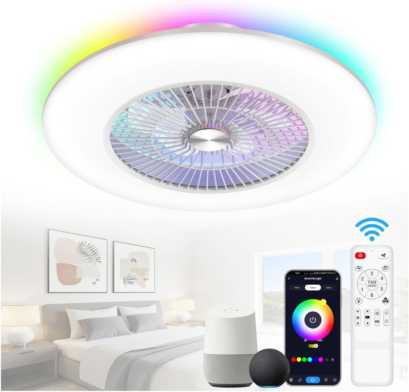23" Low Profile Ceiling Fan With Light,Bladeless Ceiling Fans With Lights And Remote,Smart RGB Flush Mount Enclosed Ceiling Fan With Alexa/Voice/Remote/App Control For Living Room Bedroom