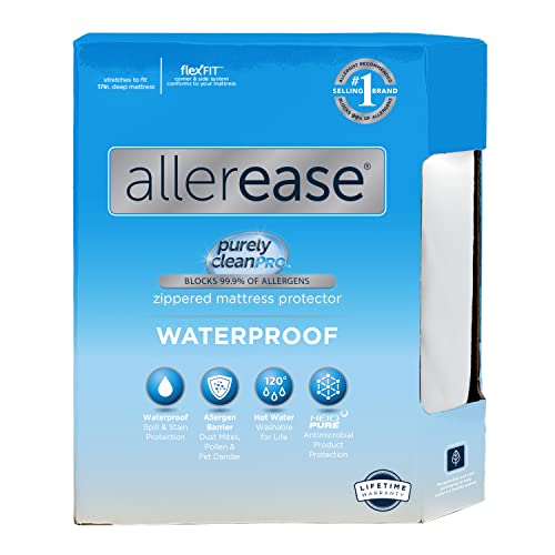 AllerEase Waterproof Mattress Protector- Queen Size Polyester Zip Allergy Protection Waterproof Quiet Cover