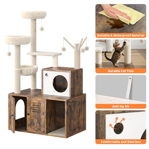 Cat Litter Box Enclosure with Cat Tree Tower, Sisal Scratching Post, Rustic Brown U730