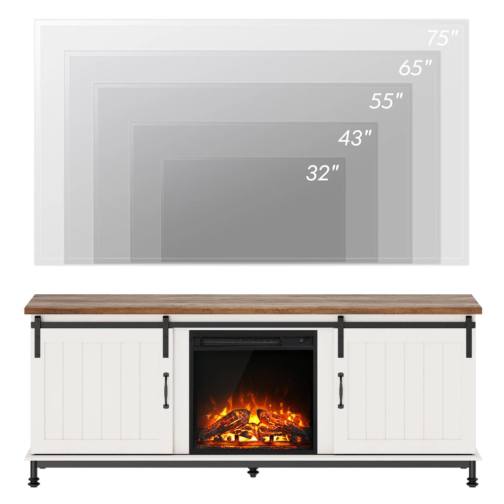 WAMPAT TV Stand with Electric Fireplace for 65 75 Inch TV, Sliding Barn Door, White I8331