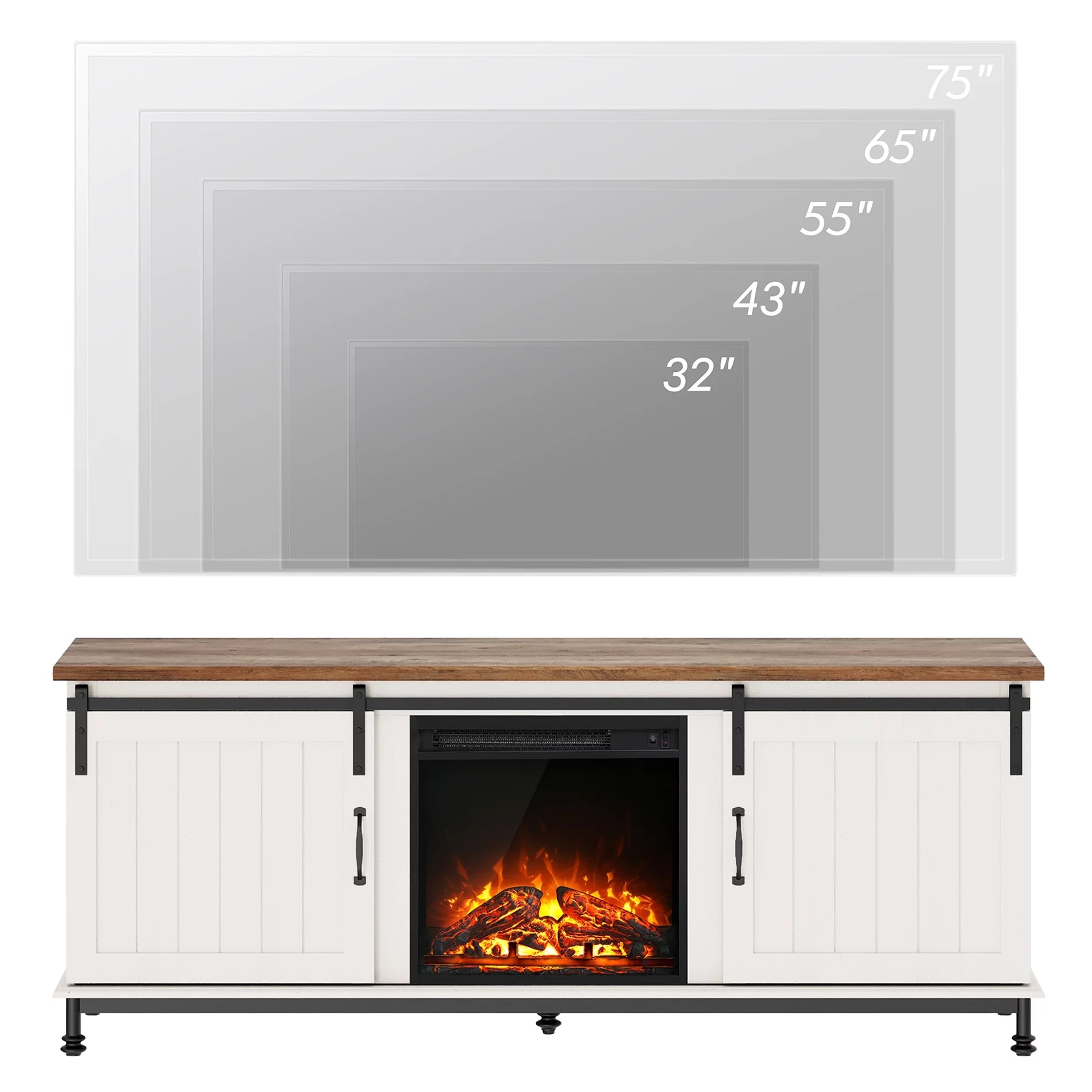 WAMPAT TV Stand with Electric Fireplace for 65 75 Inch TV, Sliding Barn Door, White I8331
