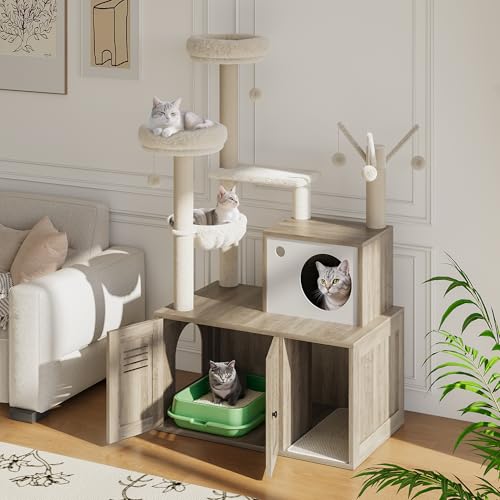 Cat Litter Box Enclosure with Cat Tree Tower, Sisal Scratching Post, Rustic Brown U730