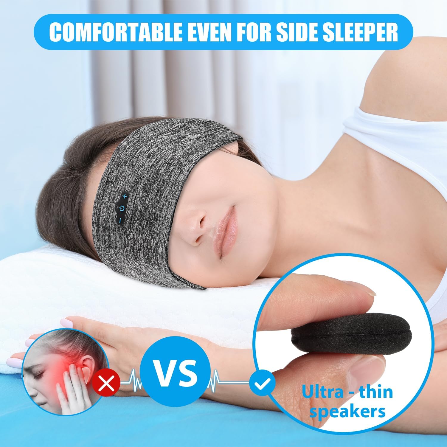 Bluetooth 5.2 Sleep Headphones Headband with Mic, 12H Playtime, Black & Grey A383