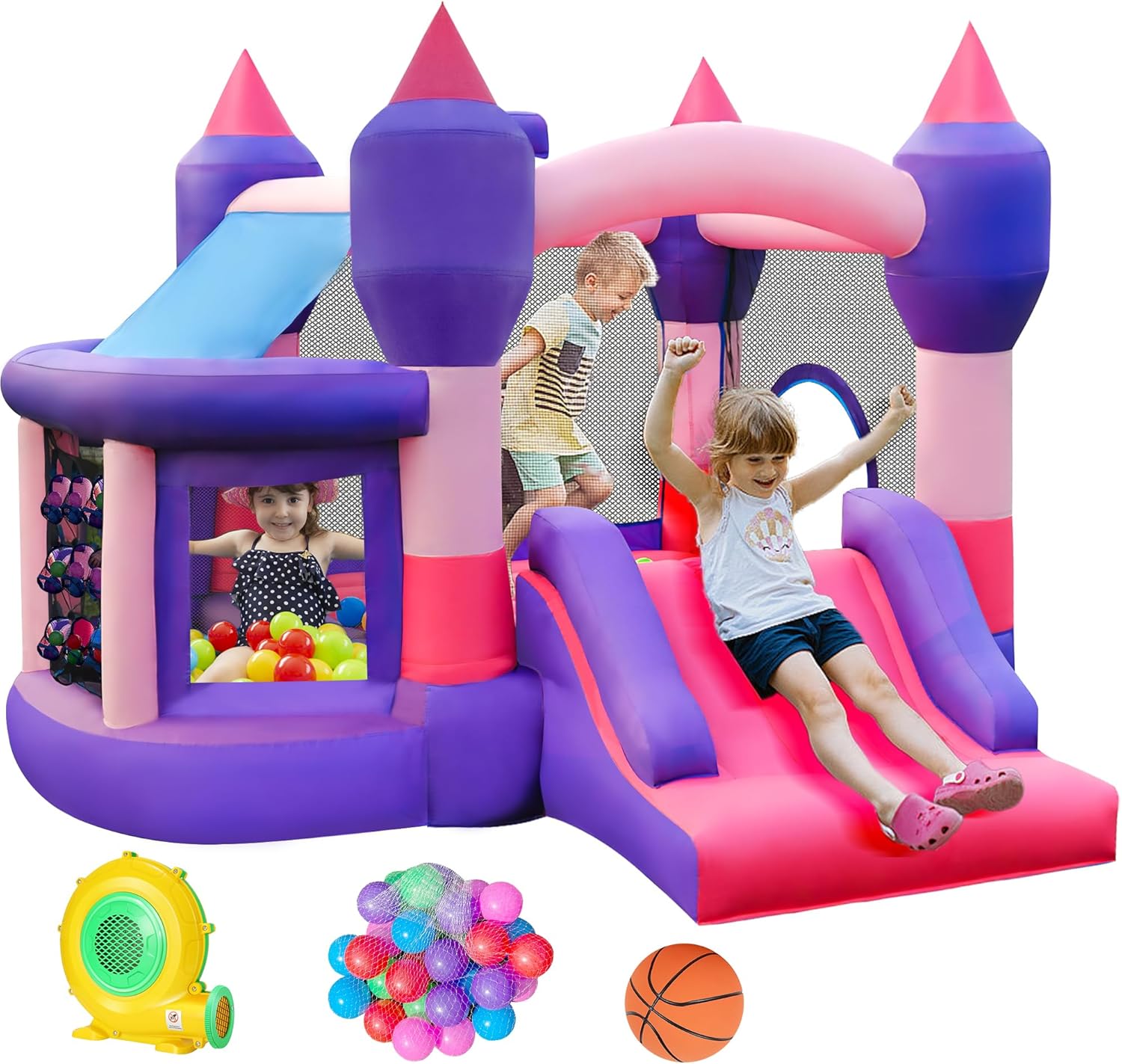 Bounce House, Inflatable Bounce House for Kids with Blower, Jumping Castle with Slide, Indoor Outdoor Backyard Small toddlers Bouncy House with Basketball, Ocean Balls, Gift for Birthday Party