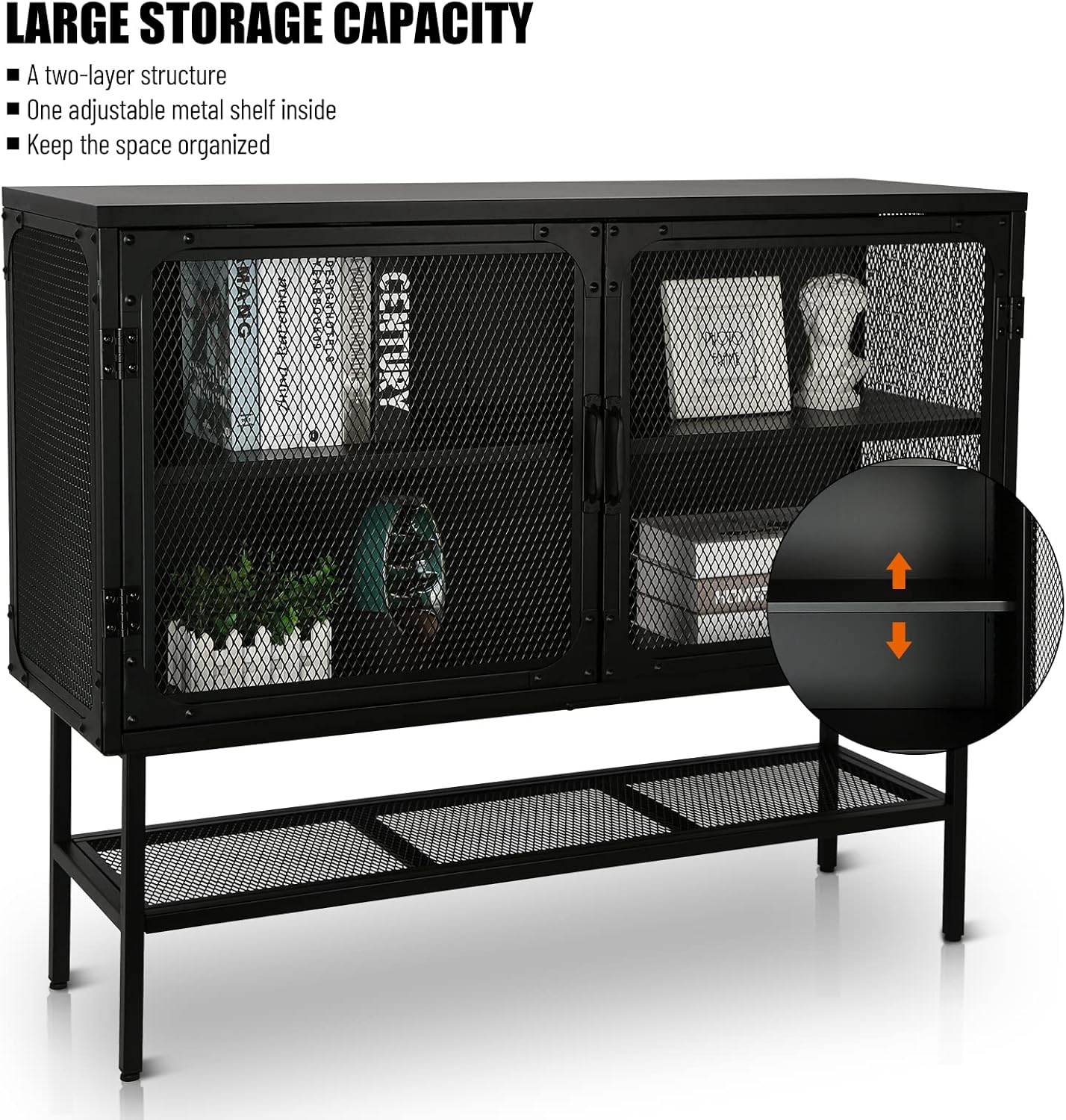 LUMISOL Industrial Cabinet Console Table with 2 Mesh Doors and Adjustable Shelf N2446