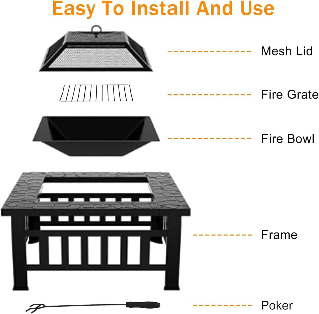 Bigacc Outdoor Fire Pit Wood 32in Square Metal BBQ Firepit Stove, Black P109