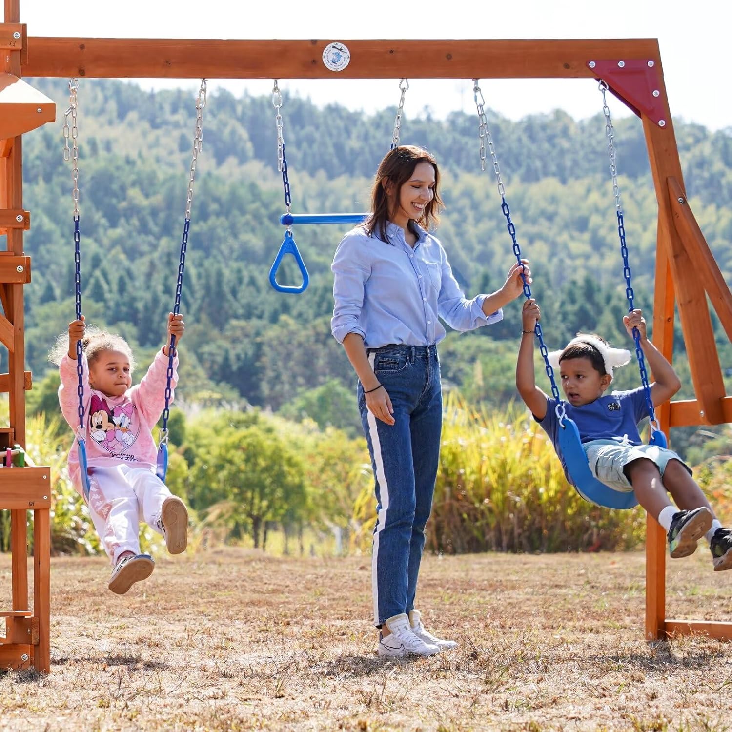 Dolphin Playground Swing Set with Monkey Bar, Wave Slide, and 2 Belt Swings N189529