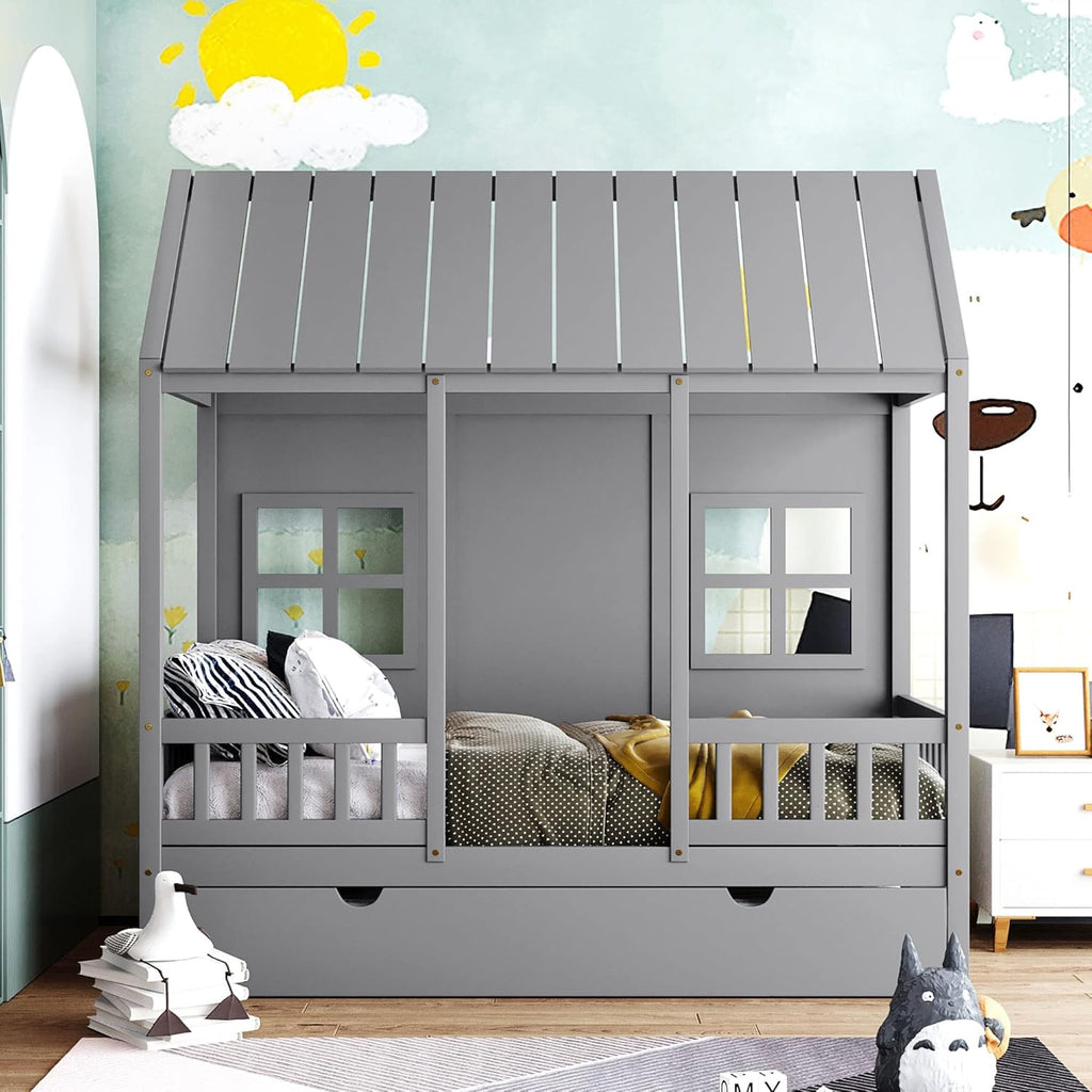 Twin Size House Bed with Trundle and Guardrails, Gray J325