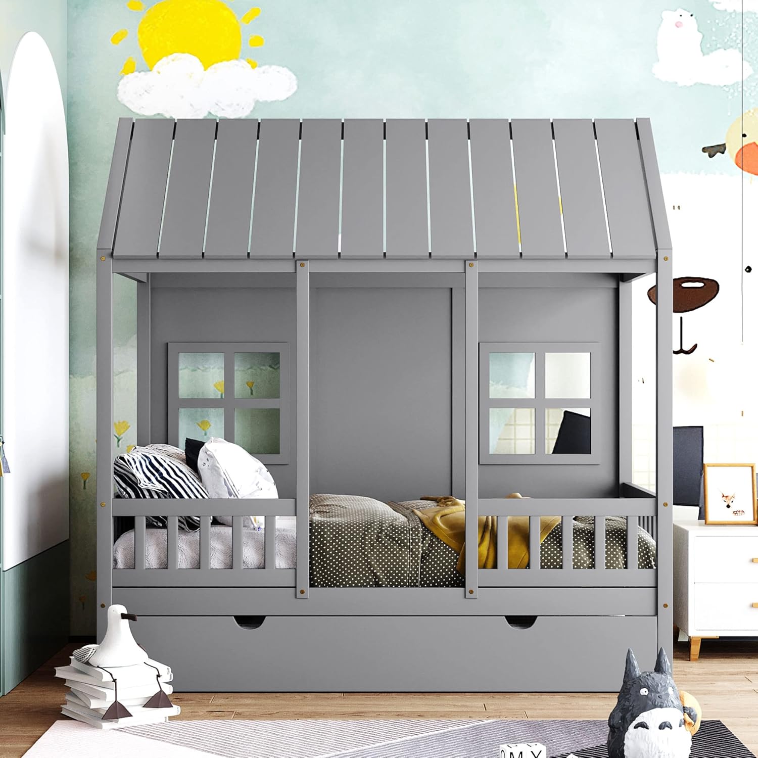 Twin Size House Bed with Trundle and Guardrails, Gray J325