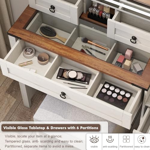 Farmhouse Vanity Desk with Mirror and Lights, Charging Station, White D264004