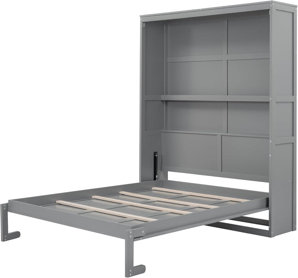 Queen Size Murphy Bed with Shelves, Wall Bed for Small Spaces, Gray H580