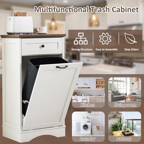 Tilt Out Trash Can Cabinet Freestanding Wood Garbage Recycling Cabinet with Hideaway Drawer, White C828