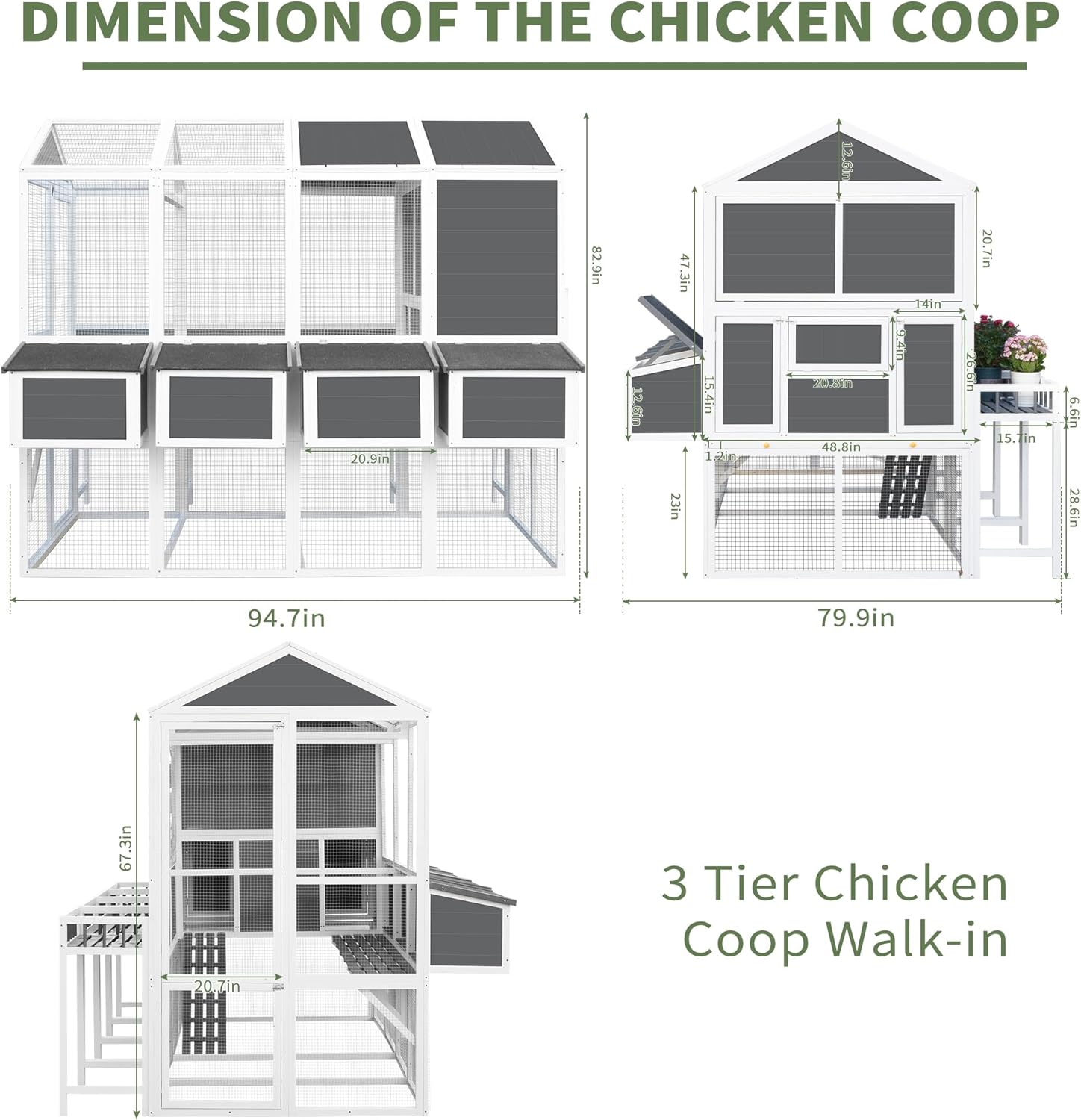 95'' Wooden Walk-in Chicken Coop for 10 Chickens with 4 Nesting Boxes V7048