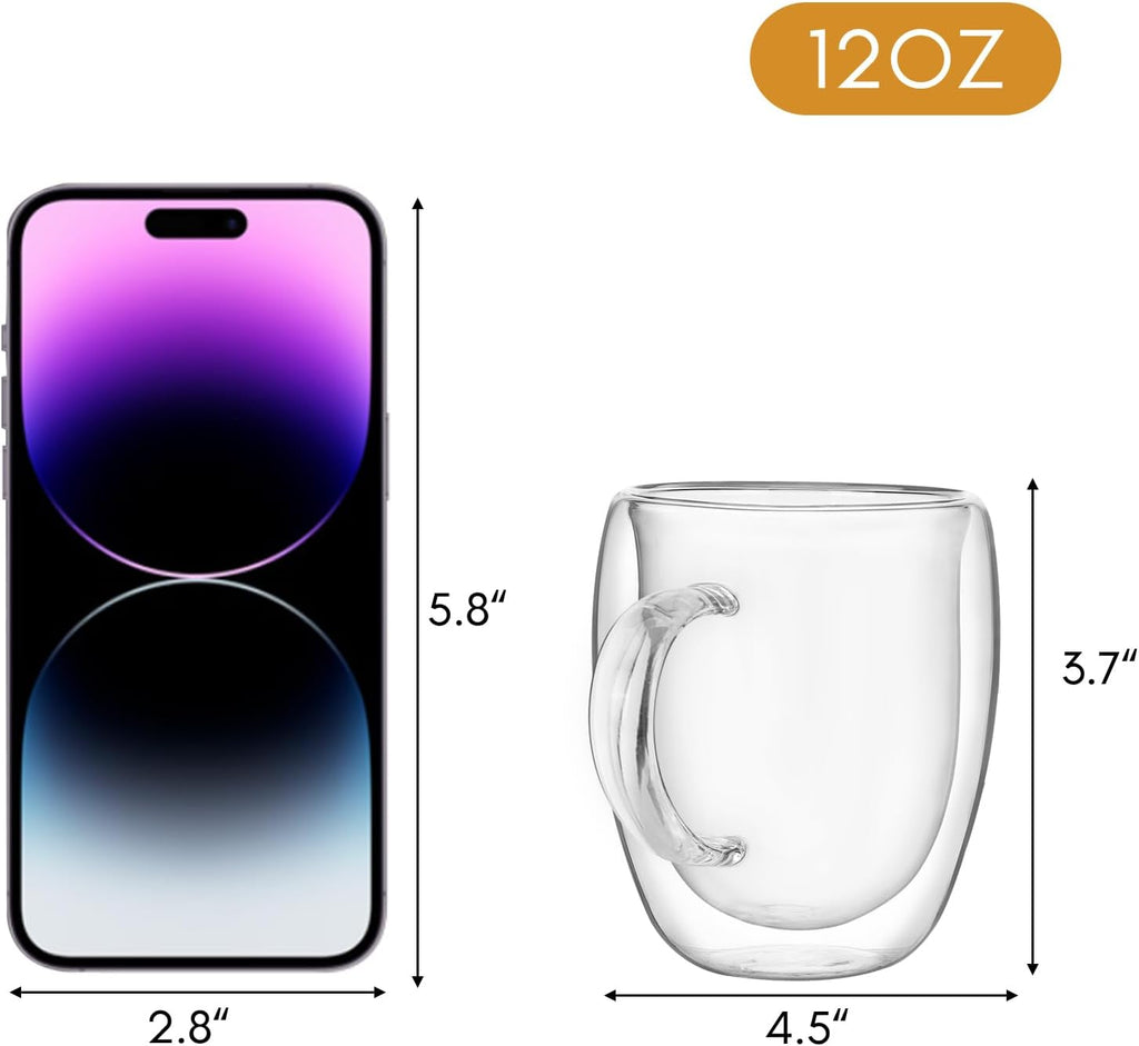 Moretoes 12oz Double Walled Clear Glass Coffee Mugs, Set of 2 T3680