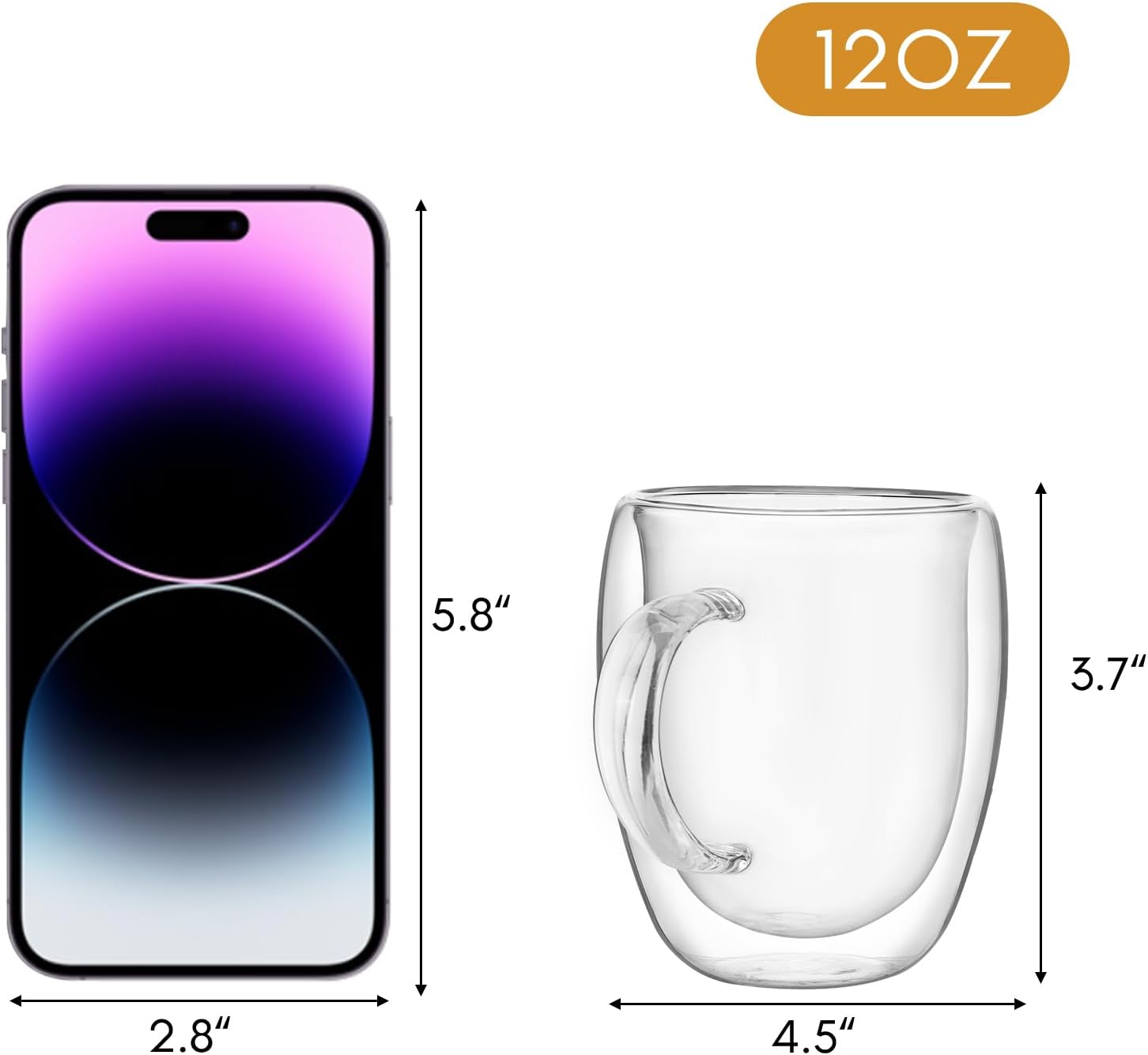 Moretoes 12oz Double Walled Clear Glass Coffee Mugs, Set of 2 T3680