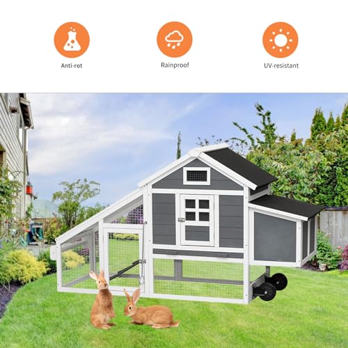 Chicken Coop with Run & Wheels, Outdoor Two-Tier Large Hutch for 6-8 Chickens L709810