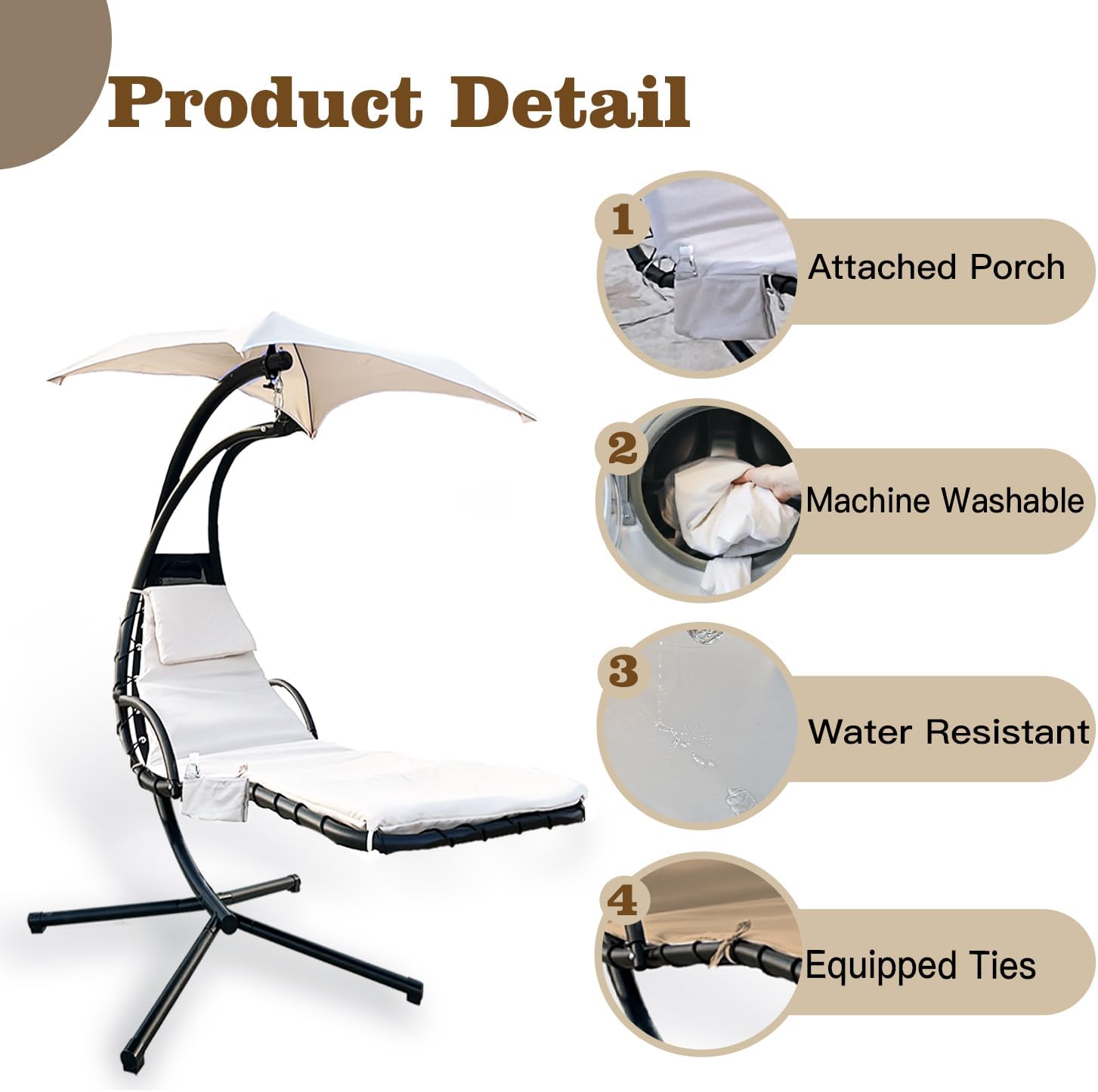 Outdoor Hanging Lounge Chair Replacement Cushion Cover, Waterproof Patio Swing Chair Pad, Khaki L36120