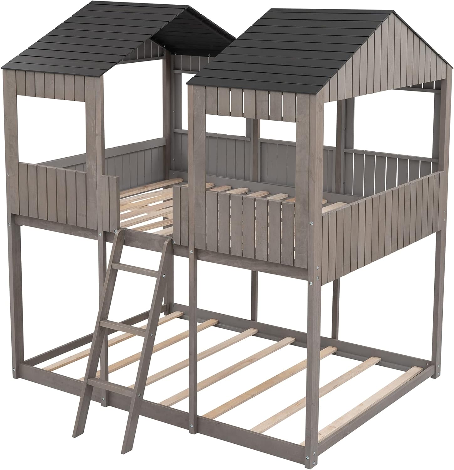 Full Over Full Wooden House Bunk Bed with Roof and Guard Rail, Antique Gray X7490