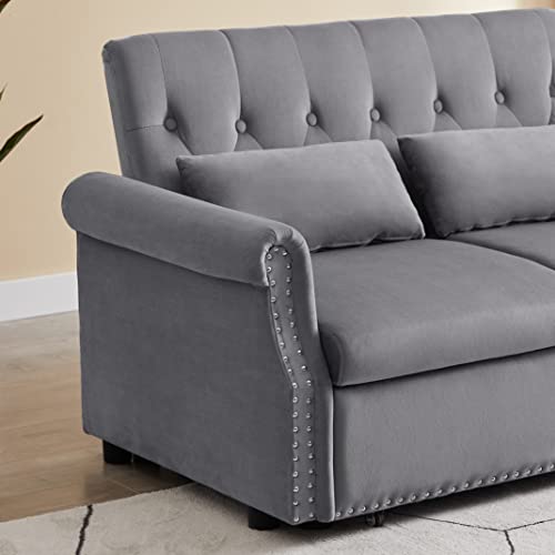 55" Button Tufted Upholstered Futon Loveseat Daybed Convertible Sofa Bed, Gray Velvet J646936