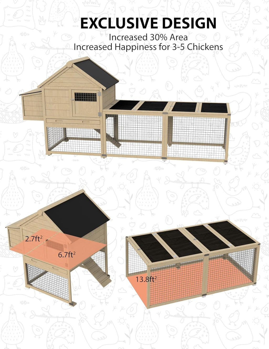 Chicken Coop for 3-5 Chickens with Run, Waterproof Roof, Nesting Box D89767