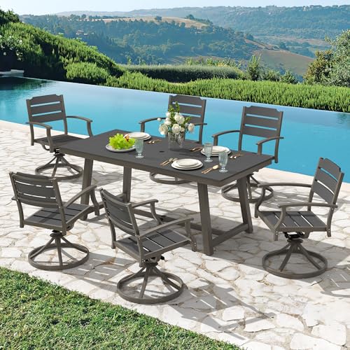 Outdoor Table and chairs Set 5Pcs,HDPS Patio Dining Set Swivel Rocking with Umbrella Hole, Aluminum Frame with HDPS Seat, Bullard Outdoor Furniture Set, brown-oil printed