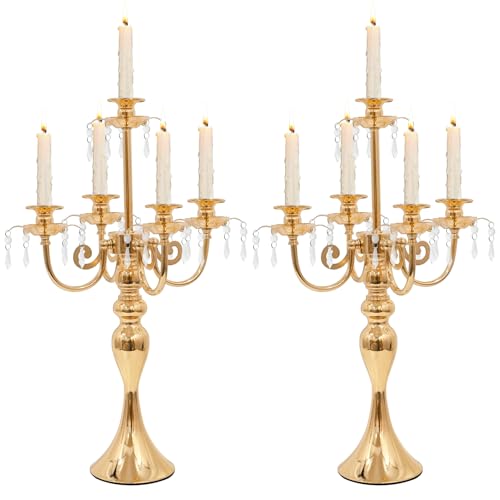 2Pcs Candelabras Centerpieces for Tables, 20" Tall Candlestick Holder for Taper Candles, 5 Arm Crystal Candelabra Candle Holder for Wedding Centerpiece Decor Party Event Reception Decoration (Black)