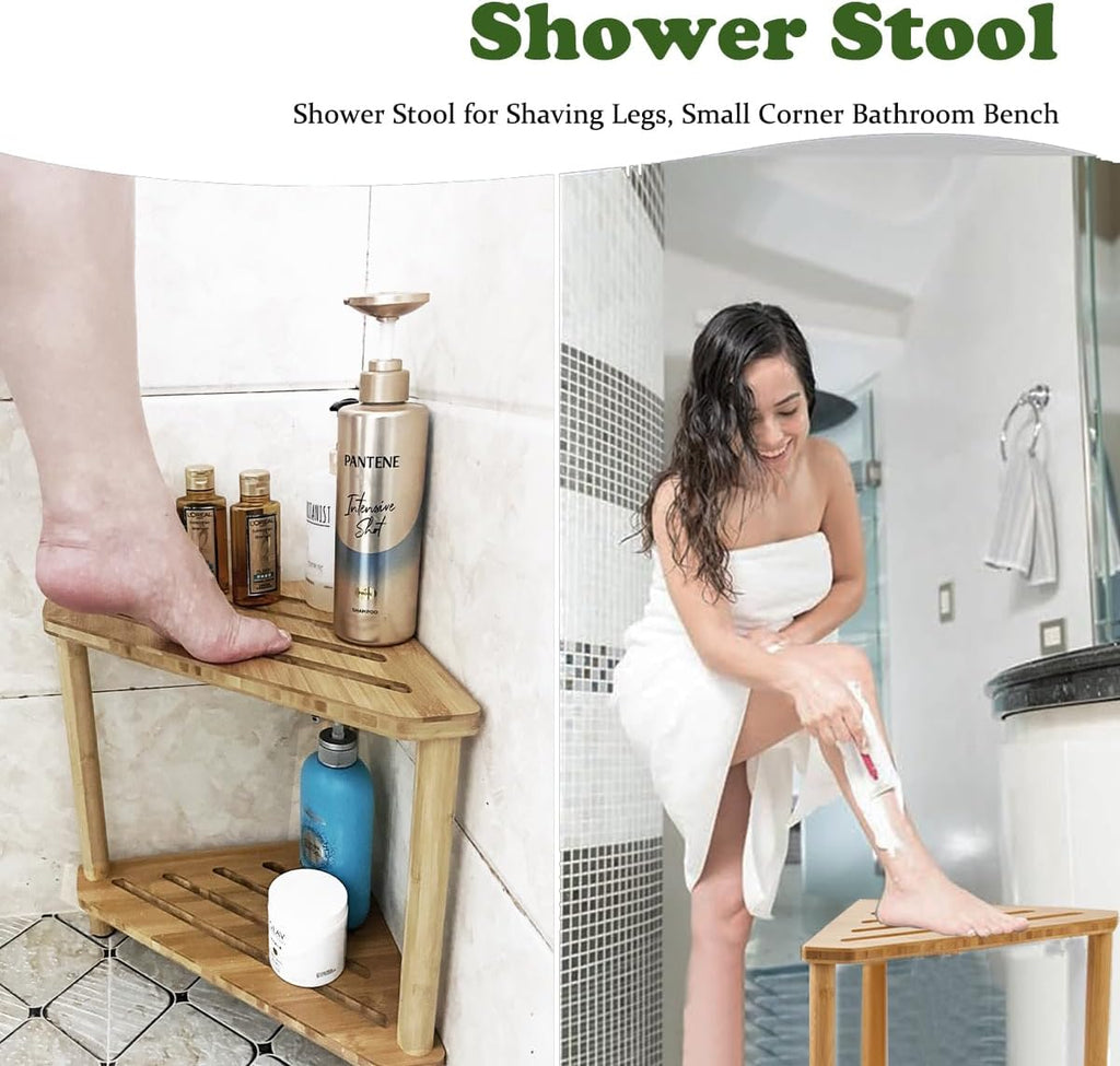 Bamboo Corner Shower Stool with Storage Shelf T806937