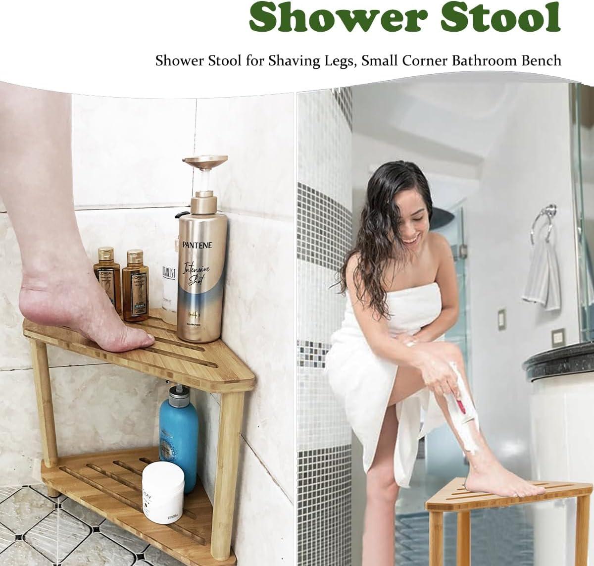 Bamboo Corner Shower Stool with Storage Shelf T806937