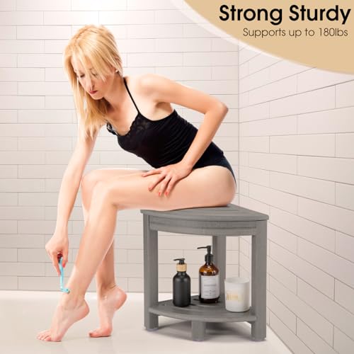 HDPE Corner Shower Stool with Storage Shelf for Bathroom (White) Y87385