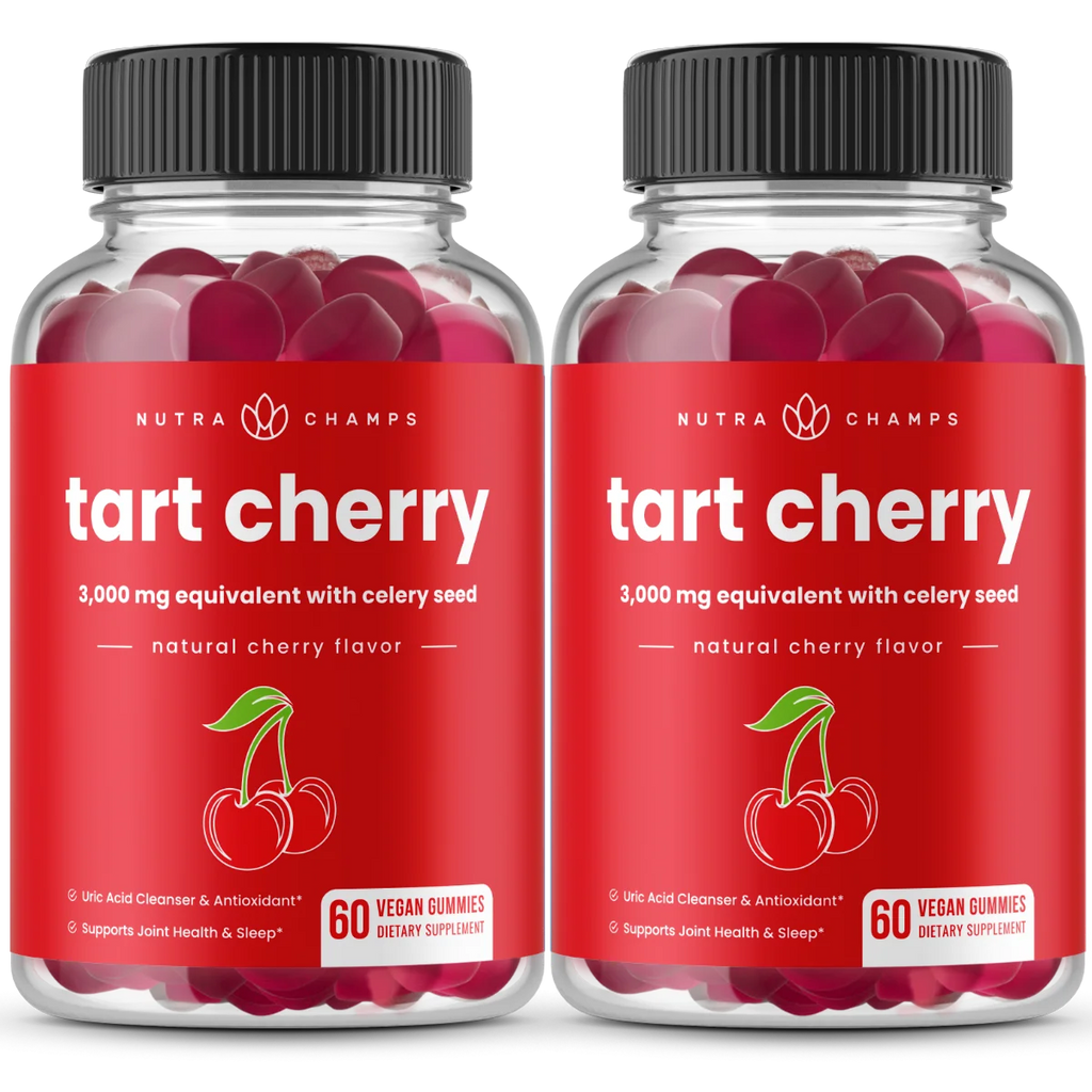 NutraChamps Tart Cherry Gummies - 2 Pack - 3000mg Supplement with Celery Seed Extract - Vegan Tart Cherry Concentrate Gummy Vitamin - 120 Count