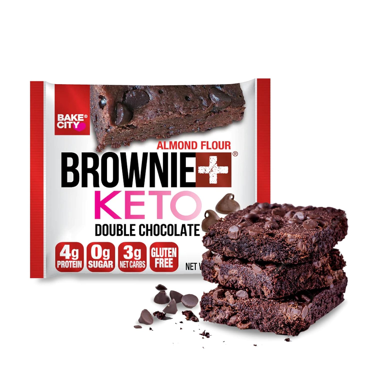 Bake City Brownie+ Keto | 1.2oz Brownie (12 pack), Gluten Free, 0g Sugar, Only 3g Net Carbs, Good Fats, 4g Protein, Kosher, No Artificial Ingredients