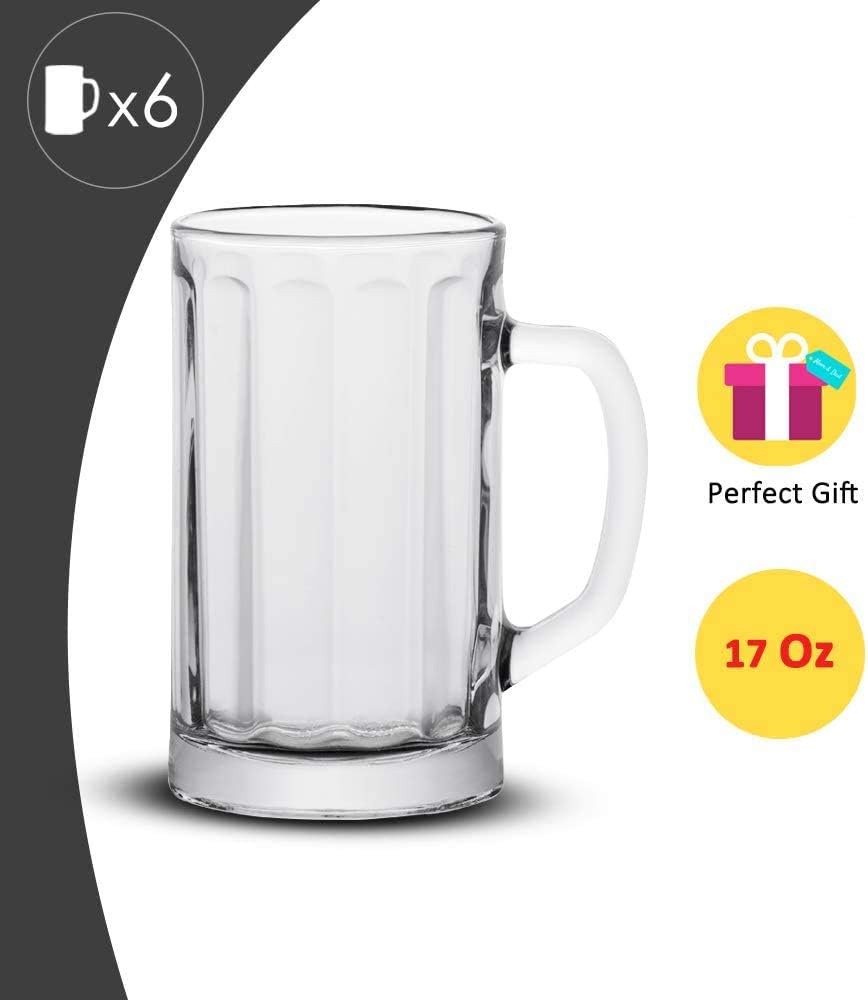 Vikko 17 oz Beer Glass Mugs, Set of 6, Clear with Handle V847
