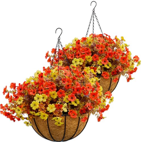 2 Sets Outdoor Artificial Flowers with Hanging Baskets, Yellow Orange G59149