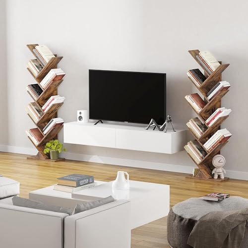 Function Home 9 Tier Tree Bookshelf, Modern Geometric Bookcase, Rustic Brown D254