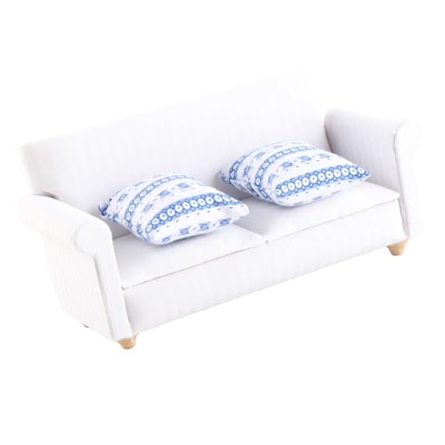 Miniature Sofa Set for 1/12 Dollhouse Living Room, Wooden 2-Seat with Blue Flower Cushion A4869