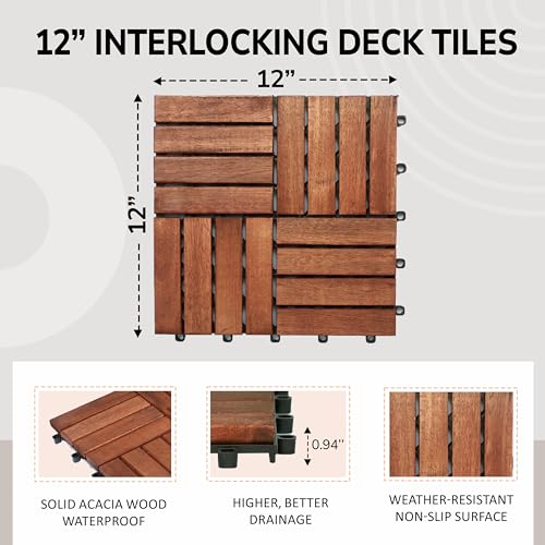 Interlocking Acacia Wood Deck Tiles 10PCS Waterproof Patio Flooring N963