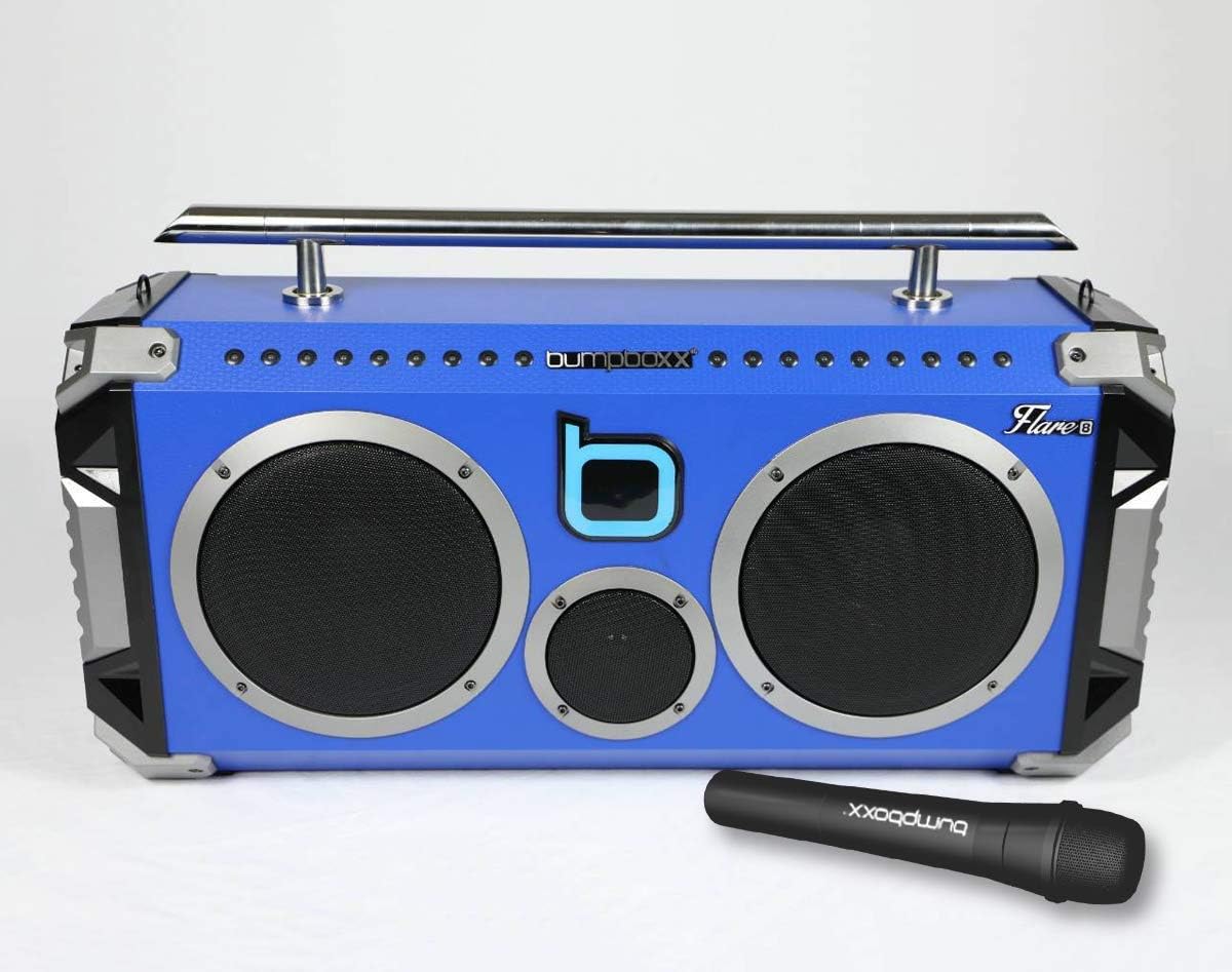 Bumpboxx Bluetooth Portable Speaker Boombox Flare8 Blue | Retro Boombox with Bluetooth Speaker | Rechargeable Lithium Battery | includes Wireless Microphone, Carrying Strap & Remote Control