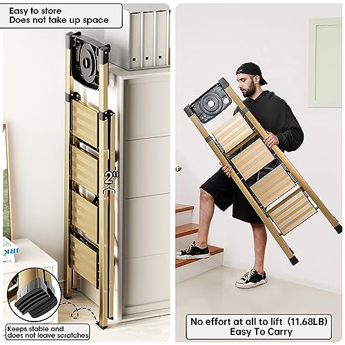 4 Step Folding Ladder with Anti-Slip Pedal, Aluminum, Gold with Tray I29145