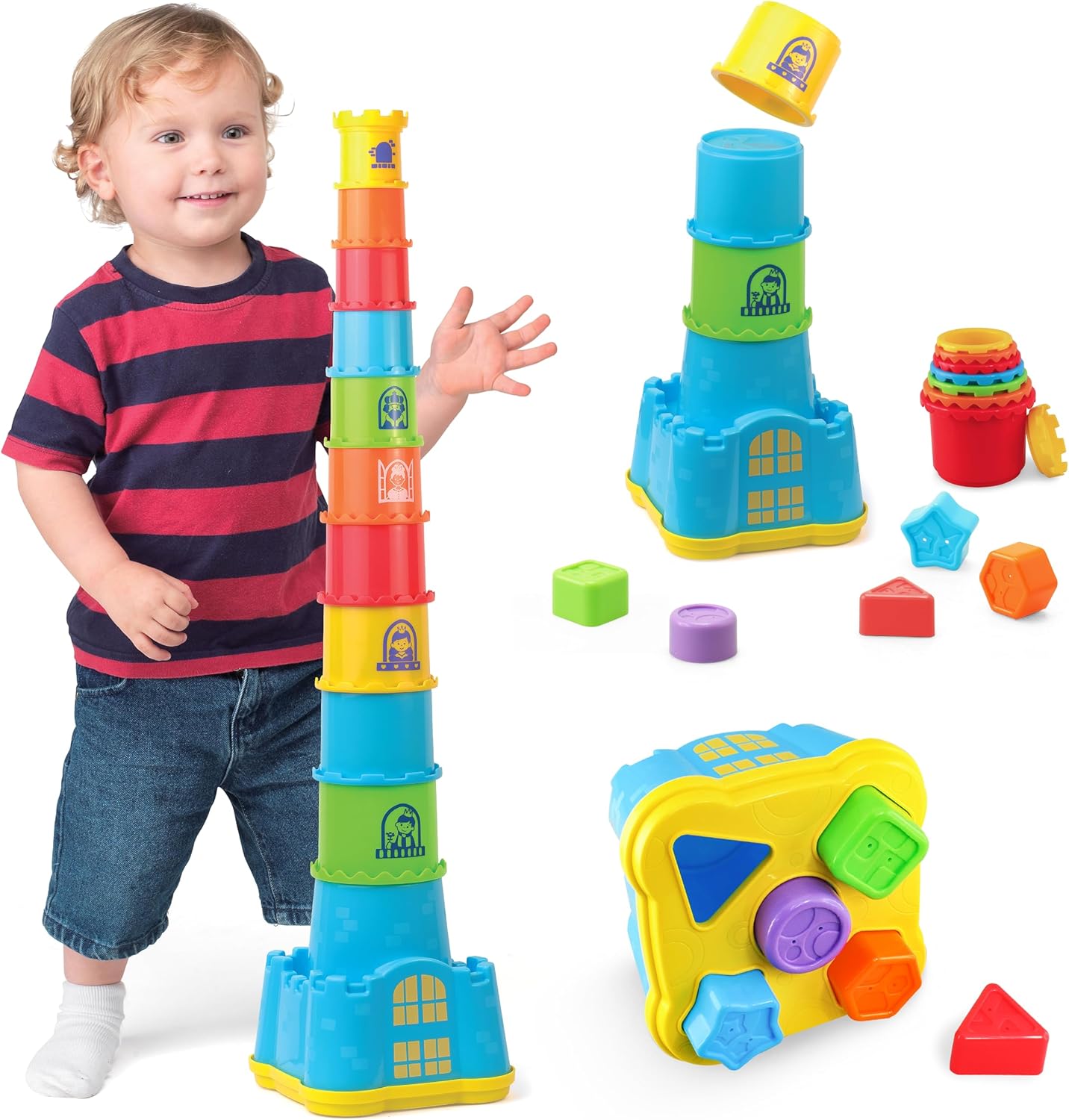 Toddler Baby Castle Stacking Nesting Cups, Infant Shape Sorting Blocks, Stack and Nest Sand Bath Stacker, Birthday Baby Gifts for 12 13 14 15 16 18 24 Months, 1 2 3 4 Year Old