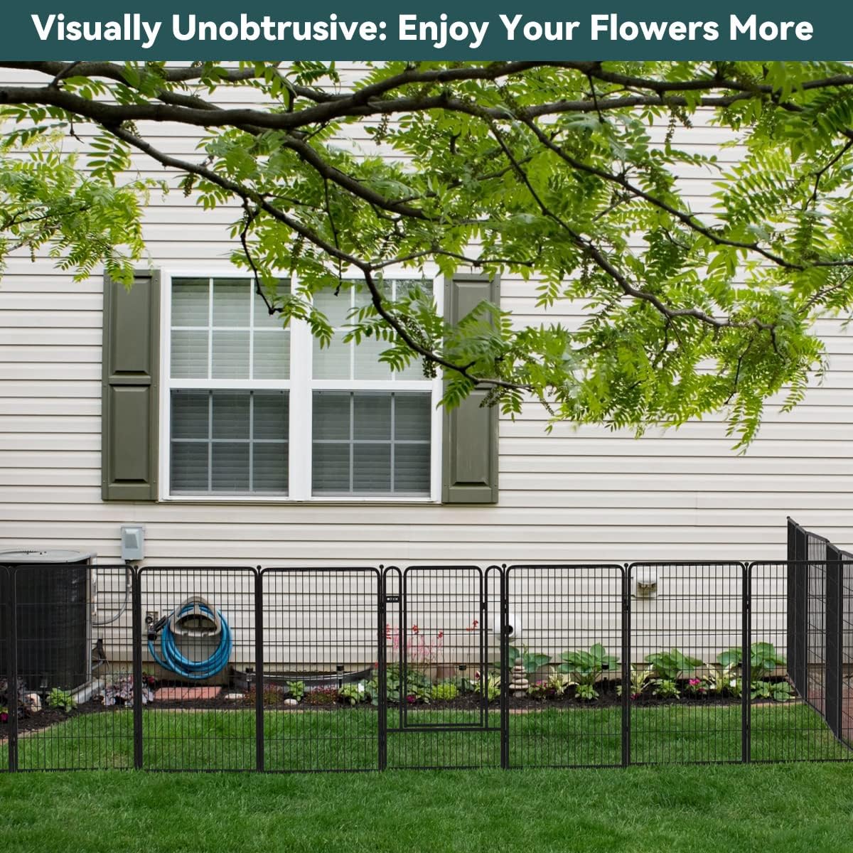 FXW Decorative Garden Metal Fence Barrier, 7 Panels with Gate, Black E139044
