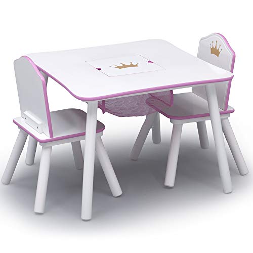 Delta Children Princess Crown Kids Wood Table and Chair Set with Storage, White/Pink K3028