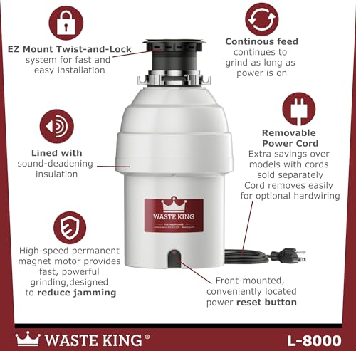 Waste King L-5000TC Batch Feed Garbage Disposal, 3/4 HP with Power Cord L7253