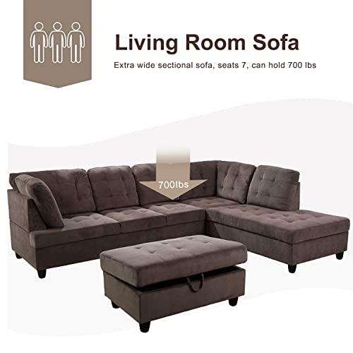 Corduroy L-Shaped Sectional Sofa with Ottoman, Brown E8673