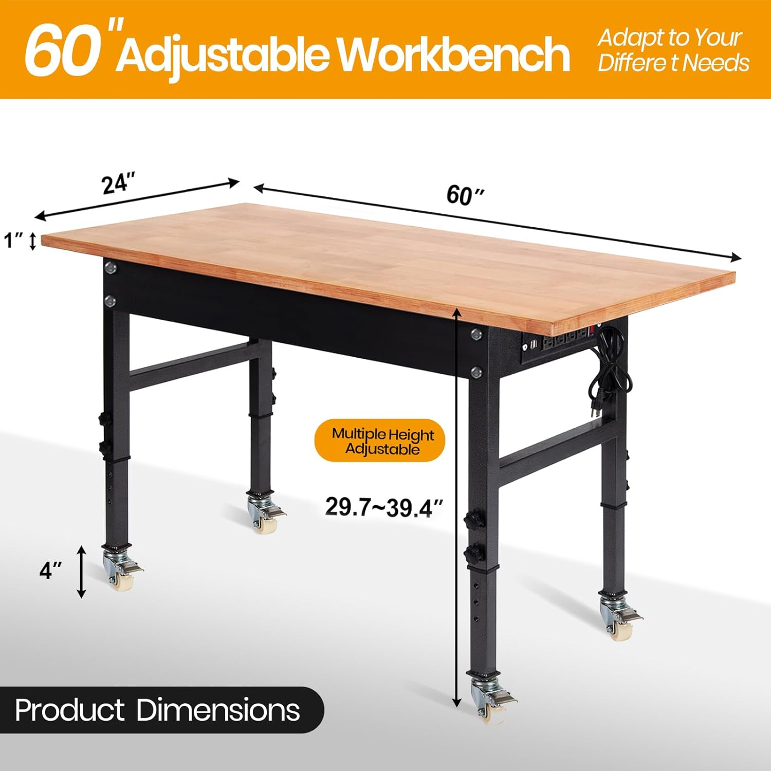 60" Adjustable Work Bench with Rubber Wood Top, Power Outlet & Wheels P226991